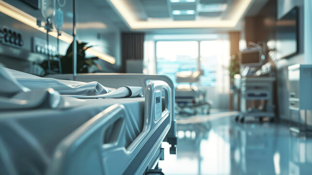 A hospital room crammed with various medical equipment and tools, including IV poles, monitors, ventilators, and surgical instruments - Powered by Adobe