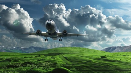 A large commercial jet airliner descends for landing over vibrant green fields under a cloud-filled sky The image captures the intersection of modern travel and natural beauty - obrazy, fototapety, plakaty