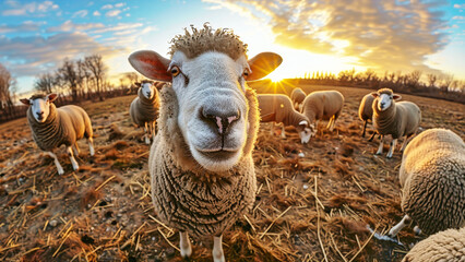 A herd of sheep standing on top of a vibrant green field, grazing peacefully under the sun - obrazy, fototapety, plakaty