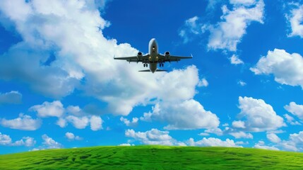A vivid image of an airplane journey captured mid-flight against a bright blue sky, over a lush green hill