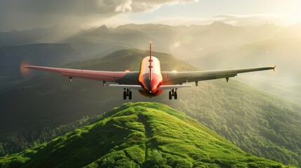 Fototapeta na wymiar A captivating sunset view of a red airplane on final approach over a green mountainous landscape