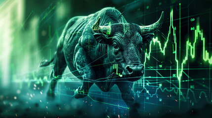 A bull stands in front of a digital background filled with stock charts, symbolizing trading activity on the stock exchange