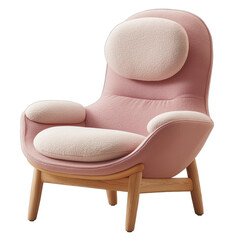 Elegant pink fabric armchair with a soft cushion and wooden legs