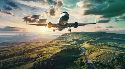 Fototapeta na wymiar An aircraft descends with a backdrop of lush green fields and a scenic landscape bathed in golden sunlight
