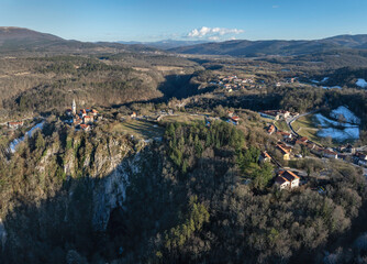 Škocjan village and sinkhole Velika dolina bellow in Škocjan caves park in Karst region, Slovenia