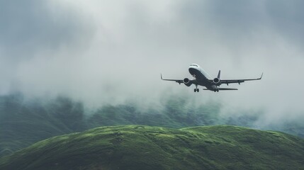A serene image of an airplane gliding through a misty landscape, with soft clouds wrapping around green hills - obrazy, fototapety, plakaty