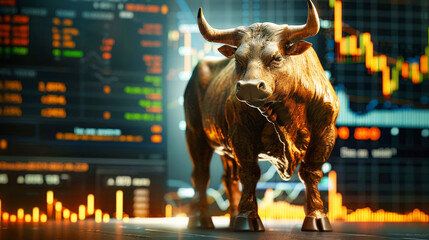 A bull is seen standing in front of a city skyline, with a background of stock charts, symbolizing bullish trends in the stock exchange