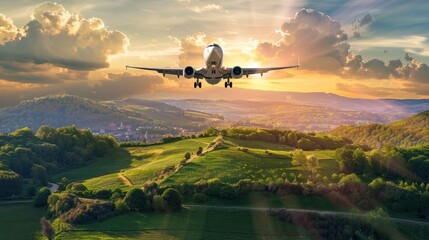 Fototapeta na wymiar This captivating photo showcases a commercial airplane flying over a picturesque landscape bathed in the golden hour light of sunset