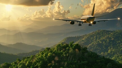 A beautiful commercial airplane is captured in flight against a breathtaking backdrop of a sunlit mountain range and lush tropical forest