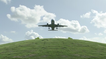 Fototapeta premium A serene image capturing a commercial airplane descending towards the runway over a vibrant green hill with scattered clouds in the sky