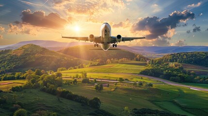 An airplane ascends into the sky, backdropped by a serene landscape bathed in the warm glow of a setting sun - obrazy, fototapety, plakaty