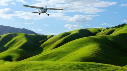 Picturesque view of a small aircraft flying low over the undulating vibrant green hills - obrazy, fototapety, plakaty