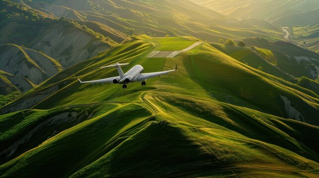 Airplane's shadow is cast on the textured, rolling hills creating a dynamic aerial landscape