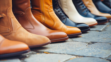 A colorful row of different sized and styled womens boots, showcasing a spectrum of hues from soft pastels to bold neons - obrazy, fototapety, plakaty