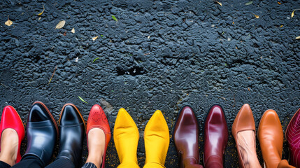 A colorful array of business and womens shoes lined up in a row, showcasing a variety of styles and colors
