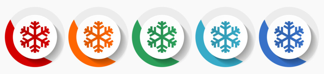 Snowflake vector icon set, flat icons for logo design, webdesign and mobile applications, colorful round buttons