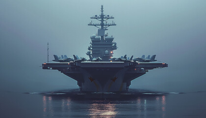 Majestic navy aircraft carrier at sea in the twilight haze. - obrazy, fototapety, plakaty
