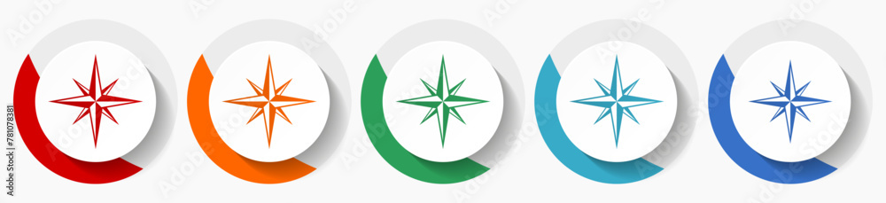 Poster Compass vector icon set, flat icons for logo design, webdesign and mobile applications, colorful round buttons