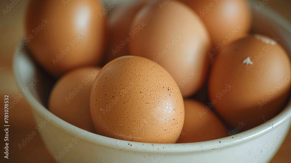 Poster Close up of eggs in bowl on table