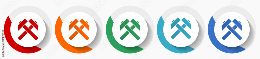 Poster Mining vector icon set, flat icons for logo design, webdesign and mobile applications, colorful round buttons