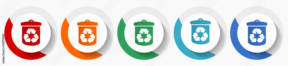 Poster Recycle vector icon set, flat icons for logo design, webdesign and mobile applications, colorful round buttons