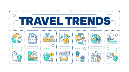 Travel trends word concept isolated on white. Tourism and hospitality industry. Technology integration. Creative illustration banner surrounded by editable line colorful icons. Hubot Sans font used - obrazy, fototapety, plakaty
