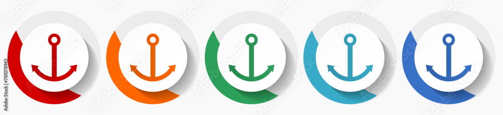 Poster Anchor vector icon set, flat icons for logo design, webdesign and mobile applications, colorful round buttons