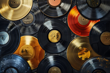 A Nostalgic Collection of Unmarked Vinyl Records Fanning Out From a Special Edition Black and Gold...