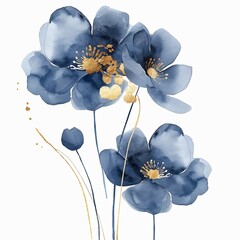 Navy blue abstract flowers with gold foil floral watercolor line art isolated on white background