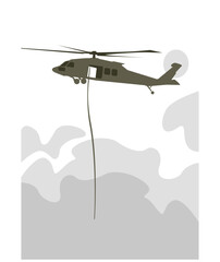 Helicopter hover above the surface in clouds of dust. Vector image for prints, poster and illustrations.