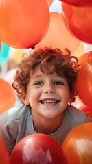 A young boy is surrounded by a bunch of red balloons