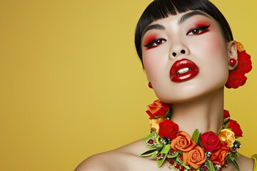 A woman with red lips and a red flower necklace