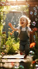 A young girl is playing in a garden with many flowers