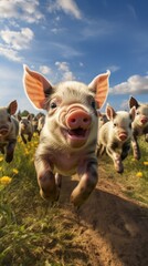 A group of pigs are running through a field
