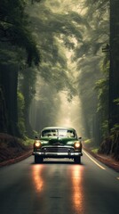 A green car is driving down a road in a forest