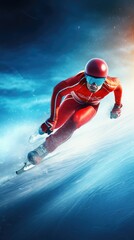 A man in a red suit is skiing down a snowy slope