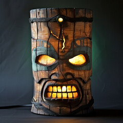 Tiki Torch Lamp with Illuminated Carved Face - obrazy, fototapety, plakaty
