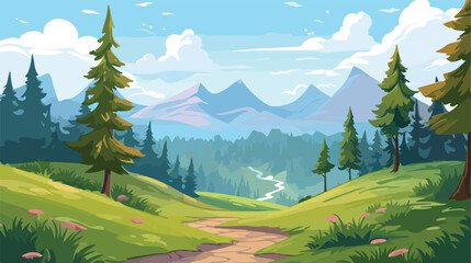 Forest cartoon landscape with walking path among gr