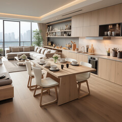 Minimalistic modern wooden kitchen on house with large windows. Modern apartment interior design. Real estate concept