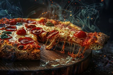 Pizza with vegetables on a wooden surface, red and black, macro zoom, large scale, plenty of sausages.