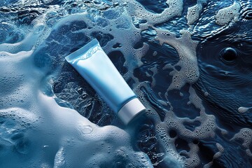 Photo of a cosmetic blue tube lying on the surface of water, surrounded by foam and bubbles in a top view, for product photography, with a blue color palette and soft light - 781081574