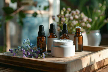 Obraz na płótnie Canvas A set of organic and natural skincare products on a wooden tray with flowers in the background