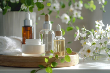 Fototapeta na wymiar A set of organic and natural skincare products on a wooden tray with flowers in the background