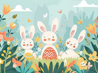 Obraz na płótnie Canvas Joyous Easter scene with bunnies and eggs