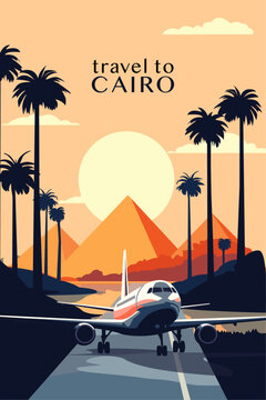Travel to Cairo, Pyramid complex retro city poster with abstract shapes of skyline, buildings, airport plane. Vintage Egypt travel, retro vector illustration