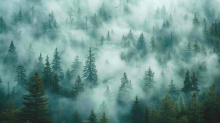 Panoramic view of spruce forest in fog seen from above