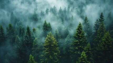 Panoramic view of spruce forest in fog seen from above