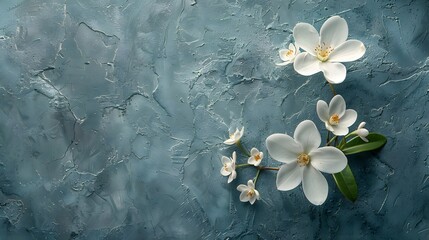 two jasmine flower is fixed upon the center of smooth concreate wall