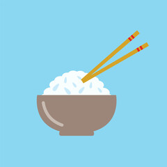 Rice bowl with chopsticks on blue background vector illustration. Cute cartoon food.