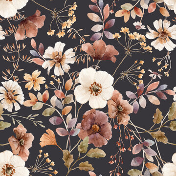 Beautiful floral seamless pattern with hand drawn watercolor autumn fall colors flowers. Stock floral illustration.